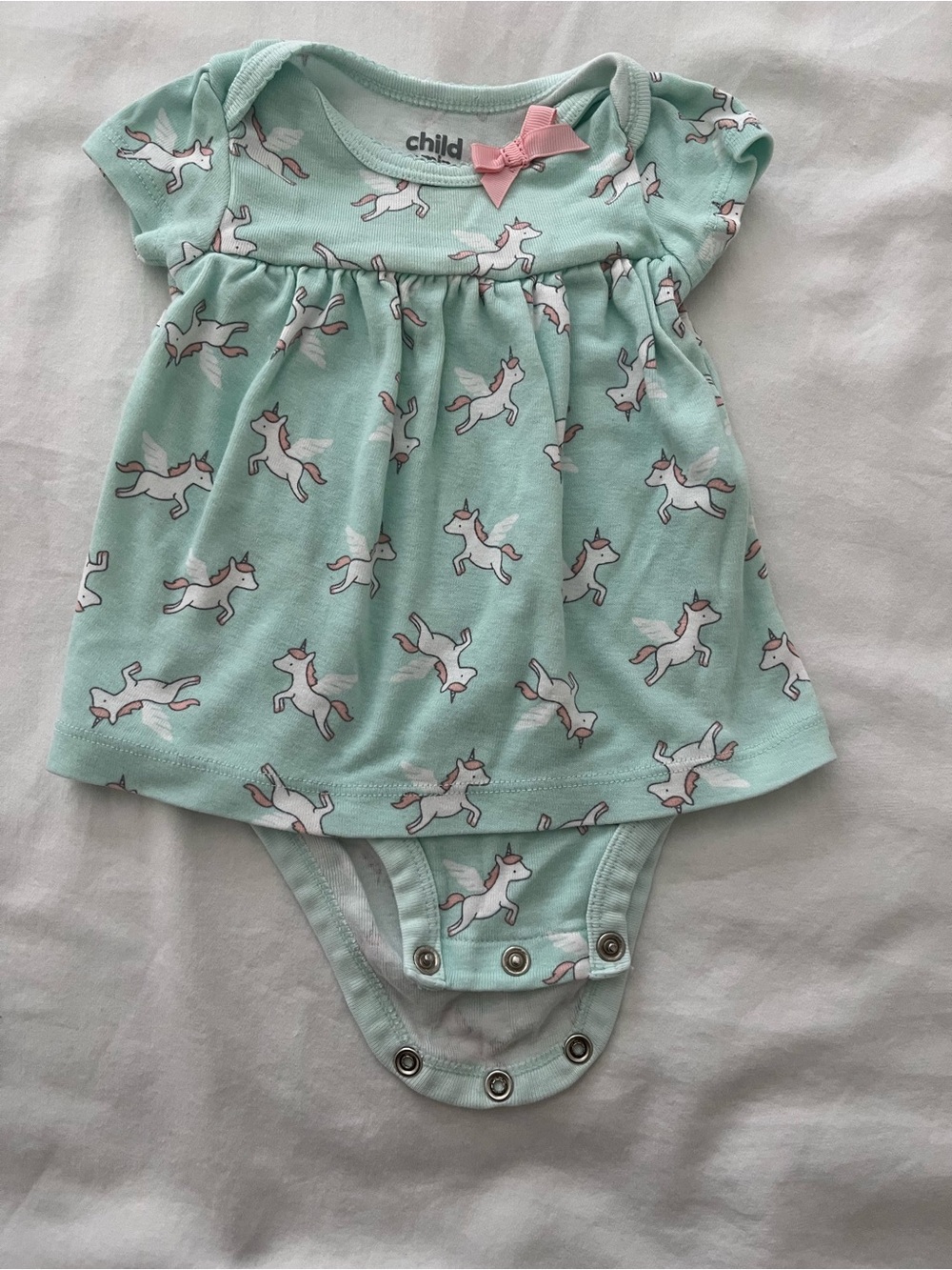 child of mine Mint Unicorn Dress Bodysuit with Pink Bow Accent
